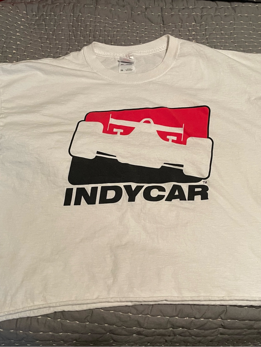 White Cropped IndyCar Graphic Tee with Red and Black Print